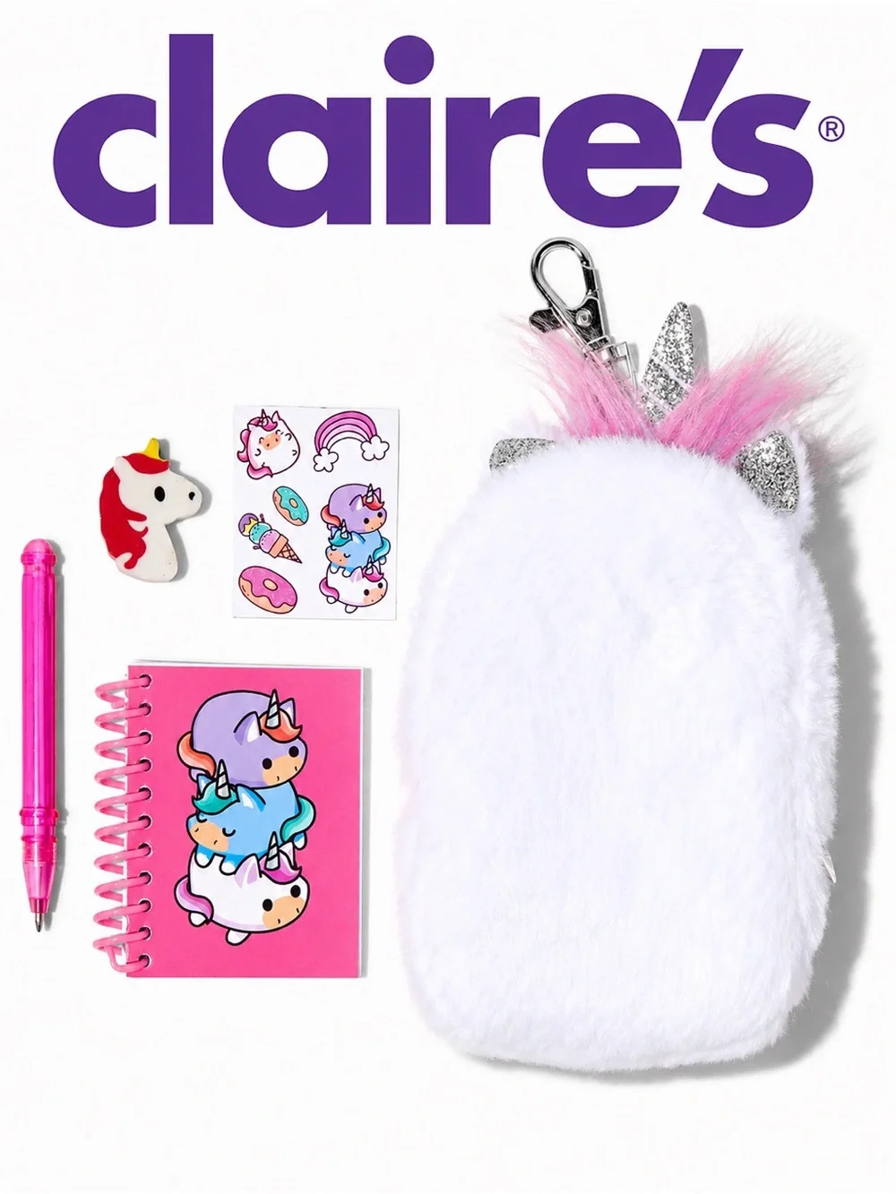 Claire’s Chubby Unicorn 4” Backpack Stationery Set | Plush Keychain NWT